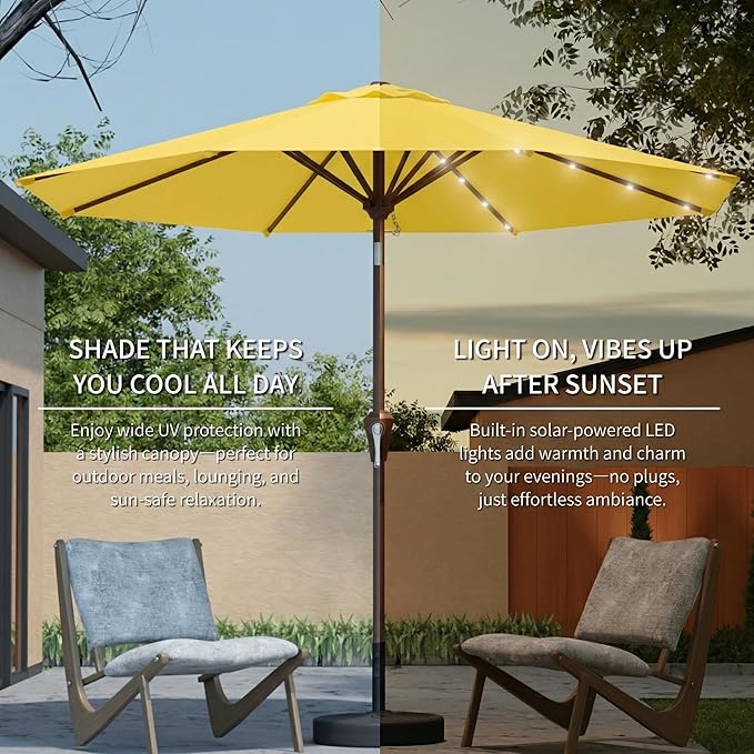 9FT Solar Umbrella 32 LED Lighted Patio Umbrella Table Market Umbrella w/Tilt and Crank, UV-Resistant Outdoor Umbrella for Pool, Garden, Deck, Sunshine Yellow