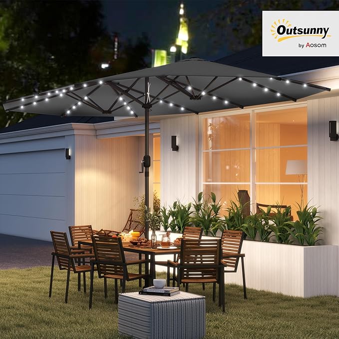 Outsunny 14.8ft Double Umbrella, Large Outdoor Patio Sun Shade with LED Solar Light for Garden