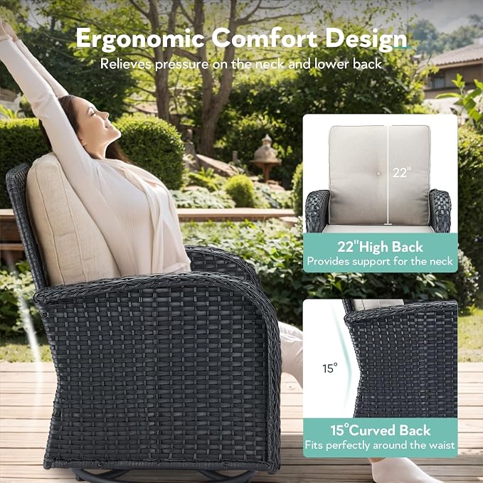 5 Piece Patio Furniture Set - Wicker Patio Conversation Set with Swivel Glider, 3 Seat Sofa, Tempered Glass Side Table and Coffee Table for Deck Backyard - Black Wicker Beige Cushion