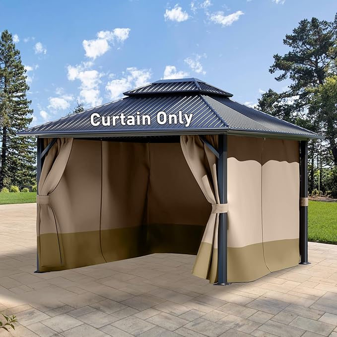 Aoodor 10x13 ft Outdoor Gazebo Curtains, 4 Panels Waterproof Privacy Sidewall Replacement with Zipper for Patio Pergola and Canopy, Sand Yellow and Khaki
