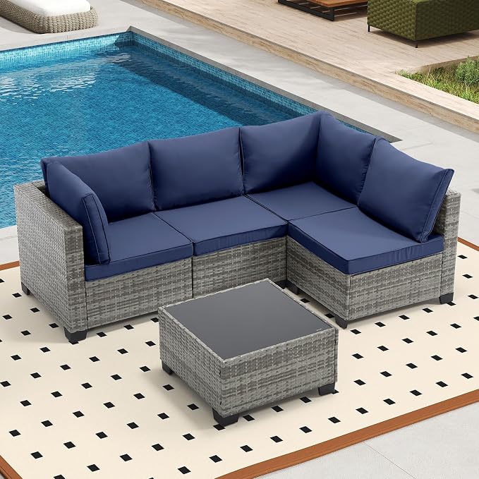 Bonzy Home 5 Pieces Outdoor Patio Furniture Set, PE Rattan Outdoor Sectional Furniture Sofa Set with Removable Cover and Glass Coffee Table, Patio Sofa for Balcony, Porch, Garden, (Grey-Navy Blue)