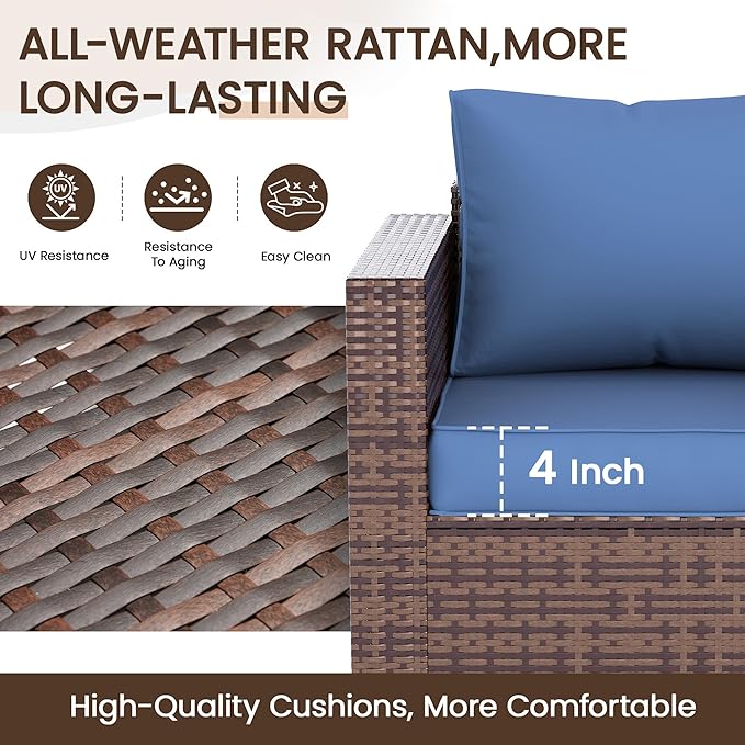 Patio Furniture Set with Fire Pit Table, 5 Pieces Outdoor Furniture Sets, Wicker Patio Conversation Sets w/Waterproof Covers for Backyard, Porch, Balcony, Poolside(Navy Blue)