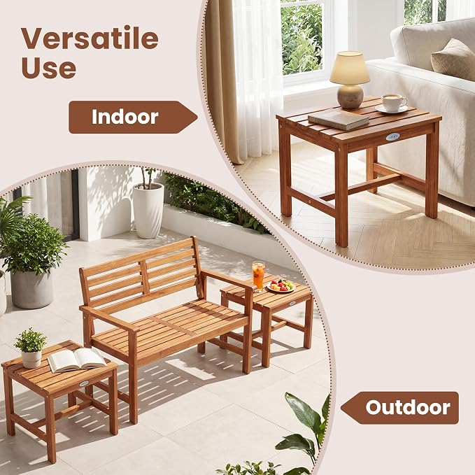 Tangkula Patio Acacia Wood Side Table, 17" Square End Table with Slatted Tabletop, Outdoor Wooden Accent Bistro Table for Backyard, Poolside, Garden, Porch, Indoor (Natural,2)