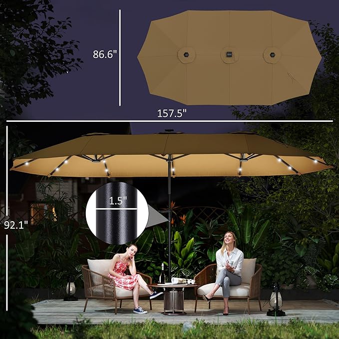 Outsunny 13ft Large Patio Umbrella with Solar Lights, Rectangular Double-Sided Outdoor Market Umbrella with Crank Handle and 48 LED Bulbs for Garden, Pool and Backyard, UPF 30+