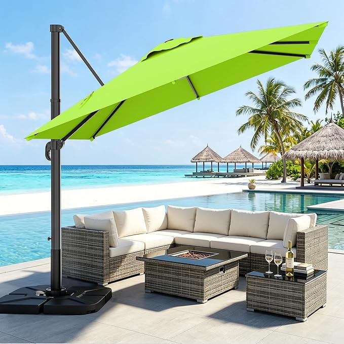 AreShark 10 × 10FT Square Cantilever Patio Umbrella with Base Included, 360° Rotation Offset Outdoor Umbrella, 5 Tilt Settings Heavy Duty Hanging Parasol for Deck Garden Pool, Apple Green