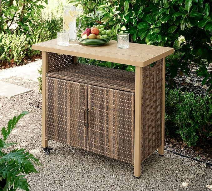 Outdoor Bar Table with Storage Cabinet, Patio Serving Cart with Wheels, Wicker Bar Cart and Grill Cart Prep Station, Rolling Kitchen Island for Patio, Backyard, Poolside, Outdoor Use, Beige