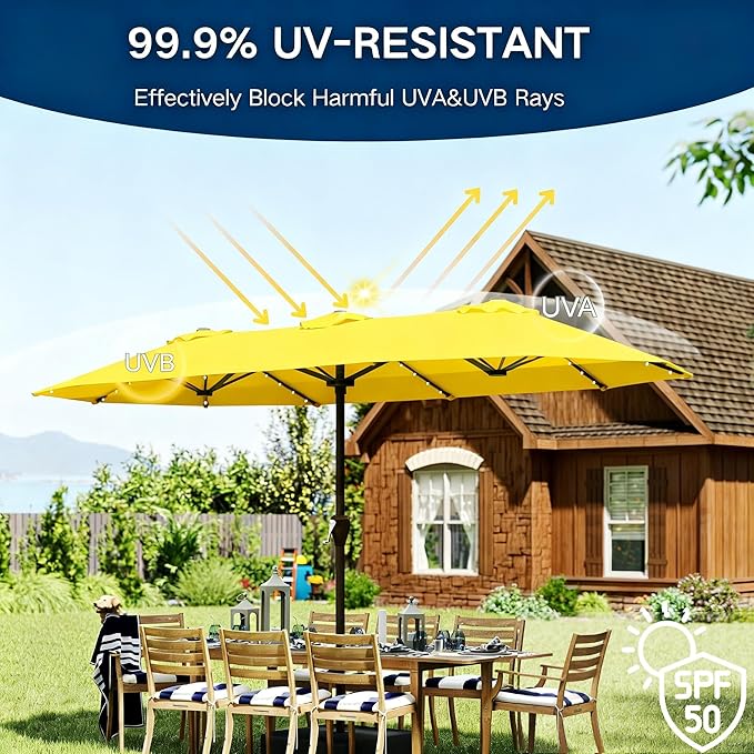 15ft Large Patio Umbrella with Solar Lights and Base, Double-Sided Outdoor Rectangle Umbrella with 48 LED Lights, Market Table Umbrellas with UV Resistant Canopy