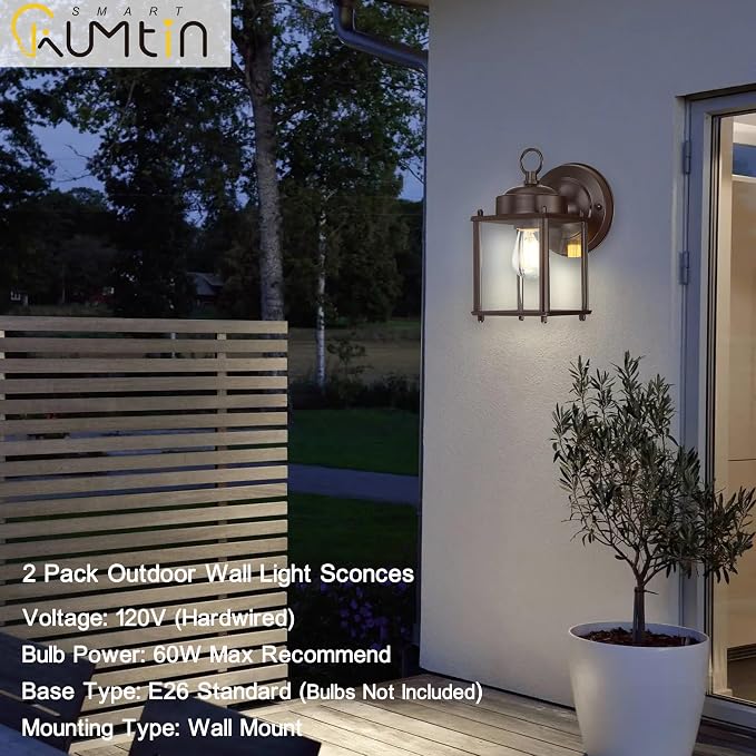 Outdoor Wall Light, Porch Lamp, Rustproof Waterproof,Bronze | Exterior Wall Sconce Fixture for House, Garage, Patio, Metal Housing with Glass, E26 Base, 2 Pack