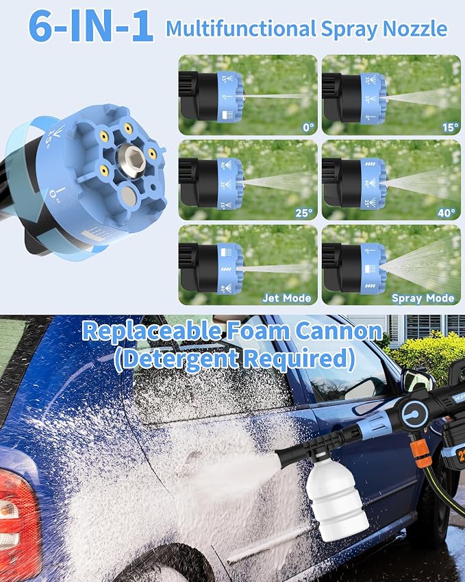 Cordless Washer Operated, 1500PSl-Brushless Portable Washer, 3 Speed Adjustable/6 in 1 Nozzle, Cordless Washers for Car Yard Cleaning, Blue