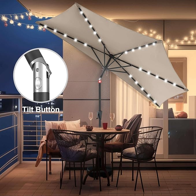 9ft Solar Half Umbrellas Outdoor - LED Half Patio Umbrella with 25 Lights, UV Protection Waterprool, Half Round Umbrella for Wall Balcony, Pool, Porch, Garden, Deck, Backyard, Taupe