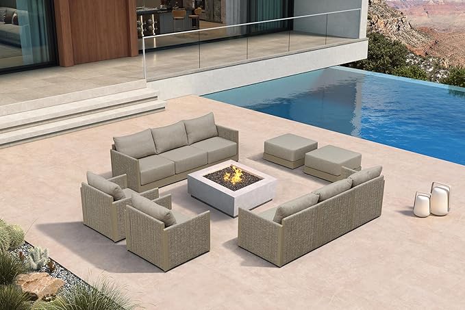 PURPLE LEAF 10 Pieces Patio Conversation Sets with Ottoman Outdoor Couch Sectional Set with Cushion All Weather Patio Conversation Set for Garden Poolside Backyard Beige