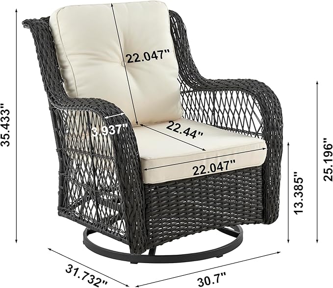Manhattan Comfort Fruttuo 3-Piece Patio Conversation Set, Swivel Steel Rattan Chairs with Removable Cushions & Tempered Glass End Table, Weather-Resistant Outdoor Furniture for Backyard & Porch, Cream