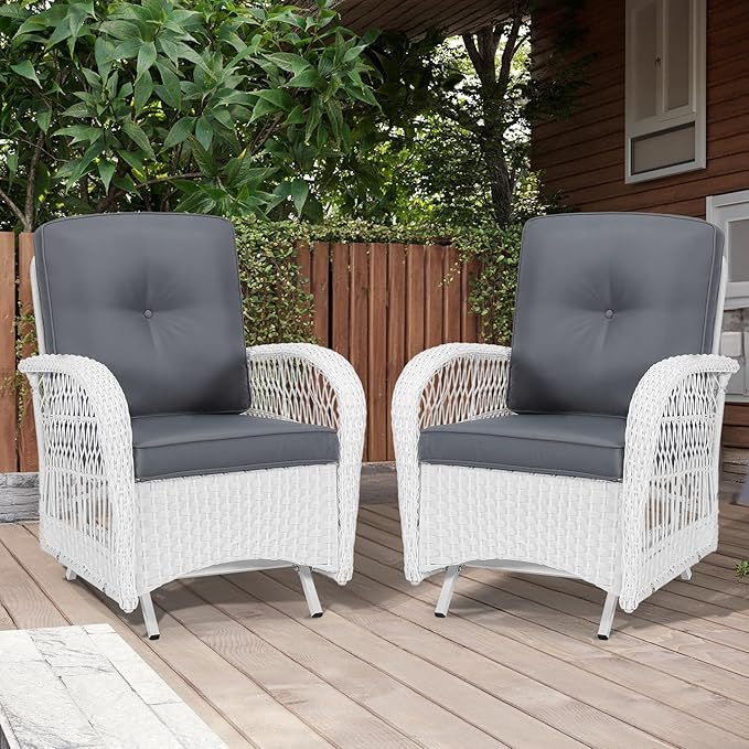MEETWARM Patio Wicker Rocking Glider Set, All-Weather Outdoor Rattan Patio Rocking Chairs of 2, Patio Conversation Set with Thickened Cushions for Garden Porch & Backyard, White Wicker/Grey