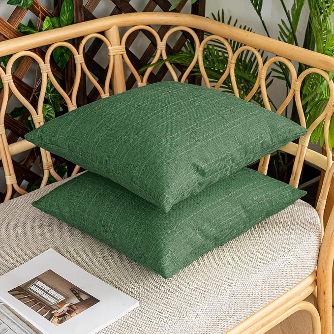 Kevin Textile Outdoor Waterproof 20”x20” Pillow Covers 2 Pack, Dark Green | Water Resistant, Soft Faux Linen-cotton Yarn-dyed Woven Texture Throw Pillow Covers for Tent Patio Garden Couch Sofa