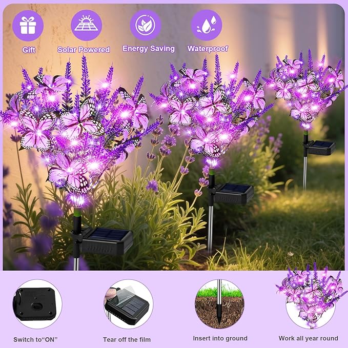 NBQQ Solar Garden Lights Outdoor 6 Pack Lavender Butterfly Lights, Solar Artificial Flower Outdoor Waterproof Decoration Gardening Gifts for Women, Yard Patio Pathway Lawn Courtyard Decoration