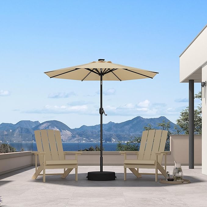 PURPLE LEAF 7.5' Round Patio Umbrella with Solar LED Outdoor Table Umbrella Aluminum Frame Market Umbrella with 8 Sturdy Ribs & Tilt for Garden Deck Lawn Pool Beige