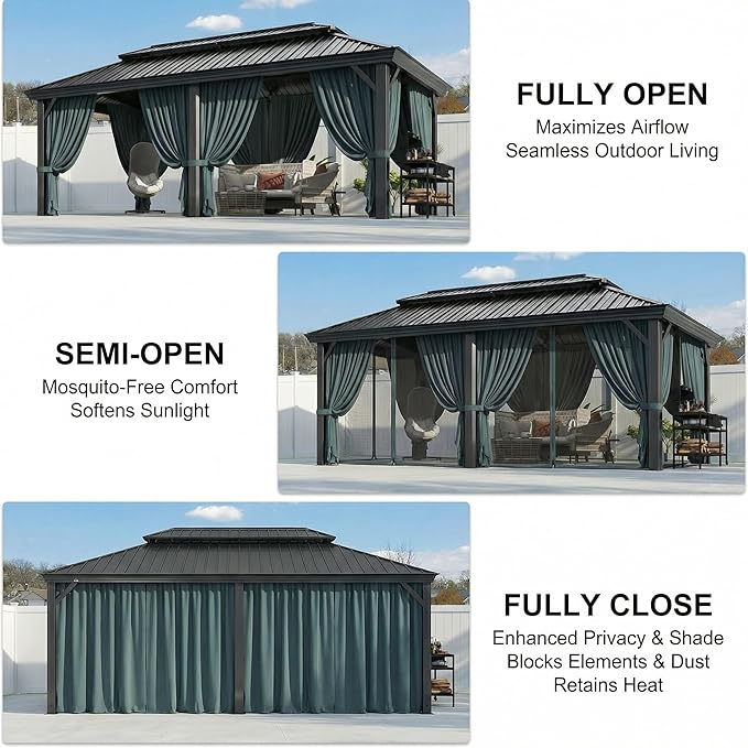 HOTEEL 12x20 Gazebo on Clearance with Metal Roof, Heavy Duty Hardtop Gazebo with Flame-Retardant Curtain & Netting, Outdoor Hard Top Gazebos with Galvanized Steel Double Roof for Backyarad,Patio Black