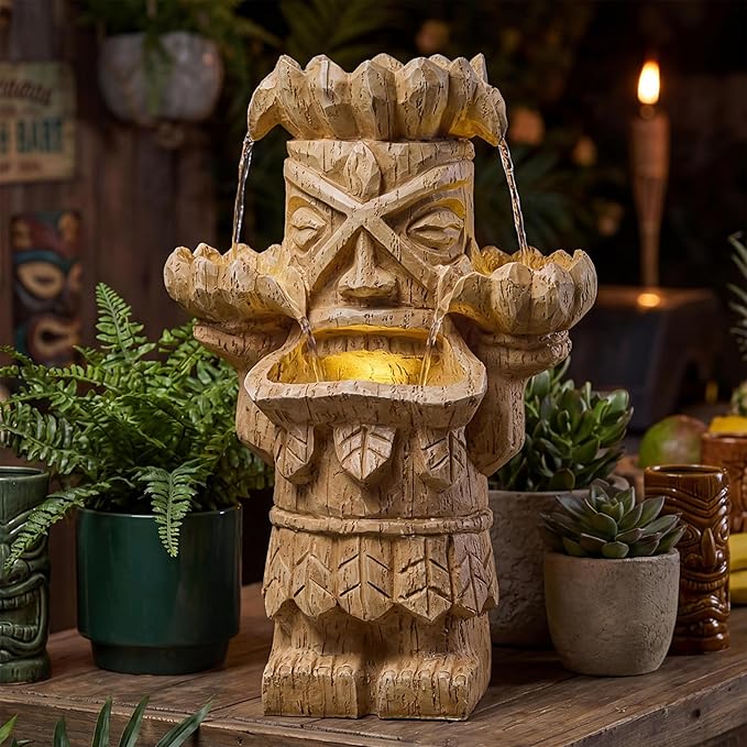 20-Inch Outdoor Water Fountain, 3-Tier Polynesian Tiki Head Resin Waterfall Fountain with 4 Warm LED Lights, Home Art Decor for Garden, Patio, Yard, Deck, Porch, Deck or Lawn in Natural Wood
