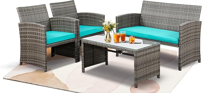 SUNLEI 4-Piece Outdoor Patio Furniture Set, Rattan Chair Wicker Conversation Set, Backyard Porch Garden Poolside Gray Rattan Sofa Set r with Cushion for Outdoor Indoor Use (Sky Blue)