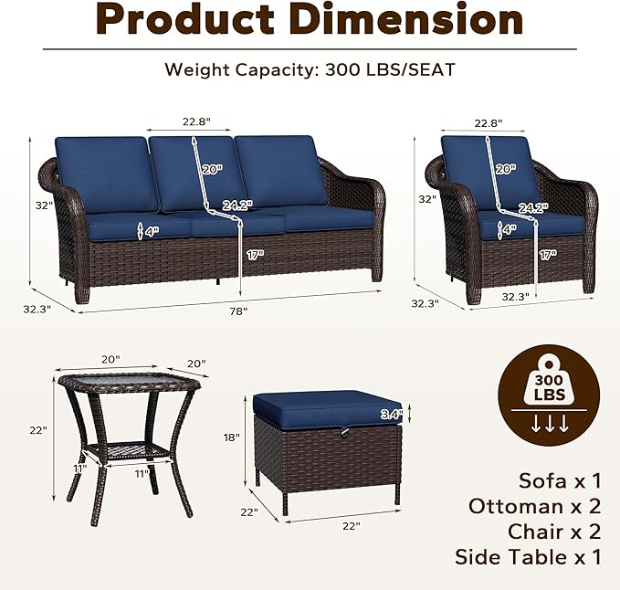 6 Piece Patio Wicker Conversation Set, All-Weather Use Outdoor Wicker Sofa with 2 PE Rattan Ottomans,2 Chair, 1 Side Table, Ideal for Porch, Backyard, Balcony, Poolside, Blue