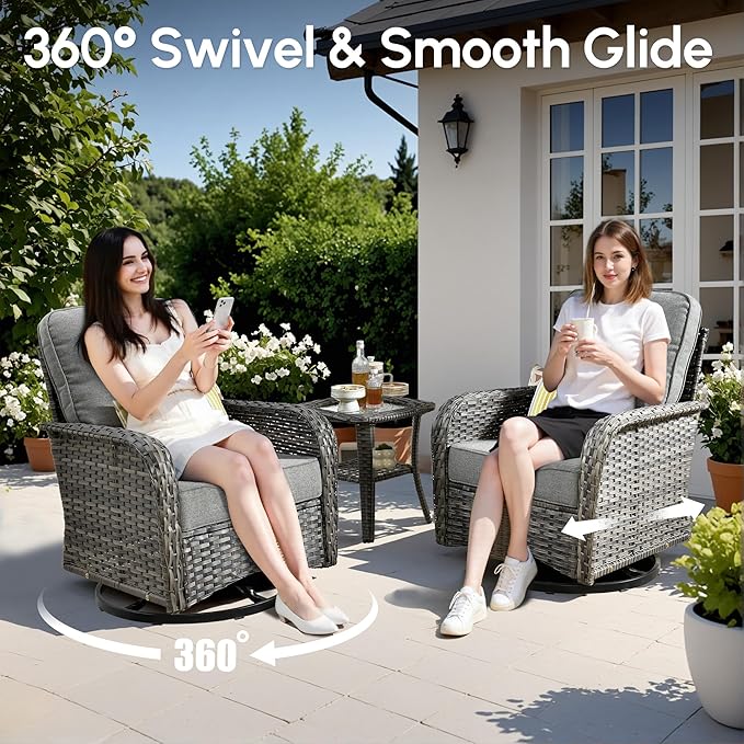 Wicker Rocking Chair Swivel Chairs - 3 Piece Rocker Glider Patio Chairs Set Rattan Rocking Chair for Outdoor Porch Deck Garden Backyard,Dark Grey