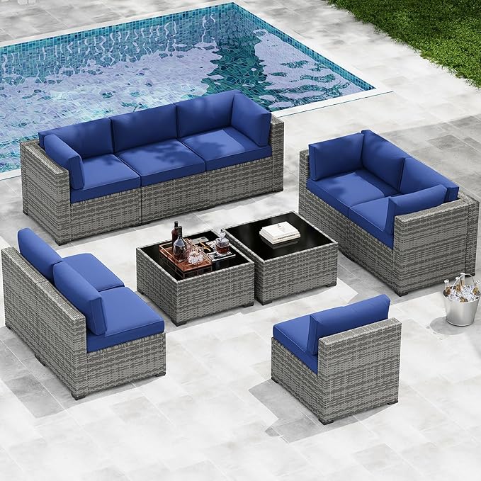 LazySunsets 10-Piece Patio Furniture Set, Wicker Rattan Outdoor Furniture with Thick Cushions, Patio Conversation Sets with Coffee Table, Outdoor Sectional Couch Sofa with Waterproof Cover, Blue