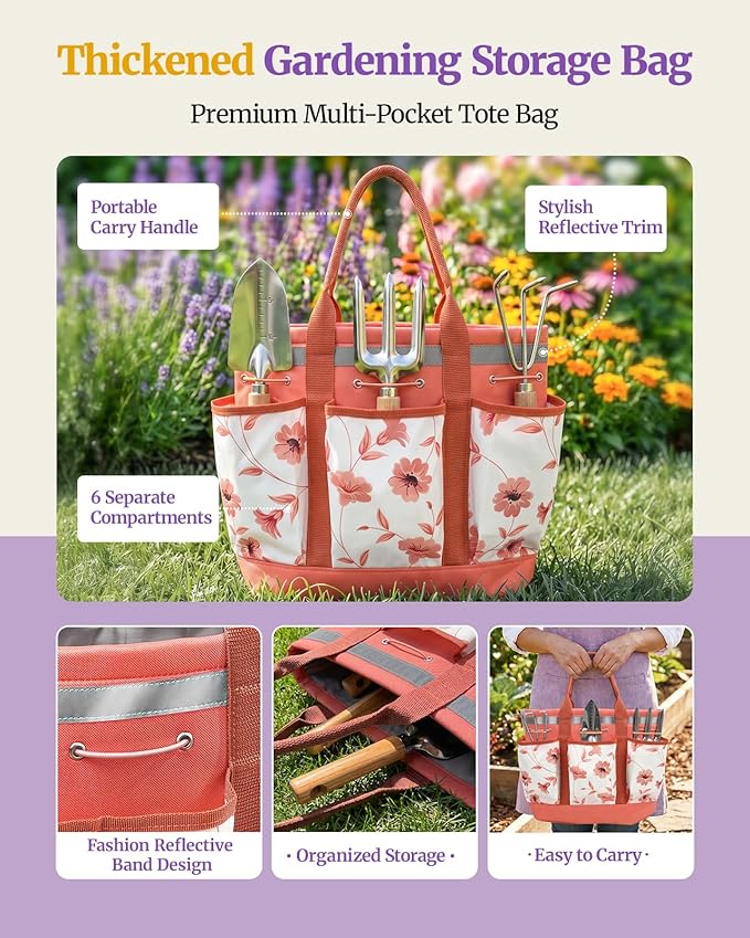 10 Pcs Heavy Duty Garden Hand Tools with Durable Garden Tools Handbag, Rust-Proof Garden Tool Set, Ideal Gardening Gifts for Women (Pink)