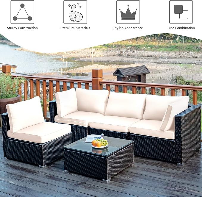 COSTWAY 5-Piece Outdoor Patio Furniture Set, PE Rattan Sofa Chairs with Cushions and Tempered Glass Coffee Table, Conversation Sofa Set for Backyard Garden (White)