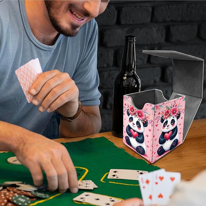 Pink Panda Card Deck Box for MTG, Personalized Card Storage Case Fits 120+ Sleeved Cards, Premium Leather TCG Box with Strong Magnetic Closure for Magic, CCG, PTCG, Baseball Cards