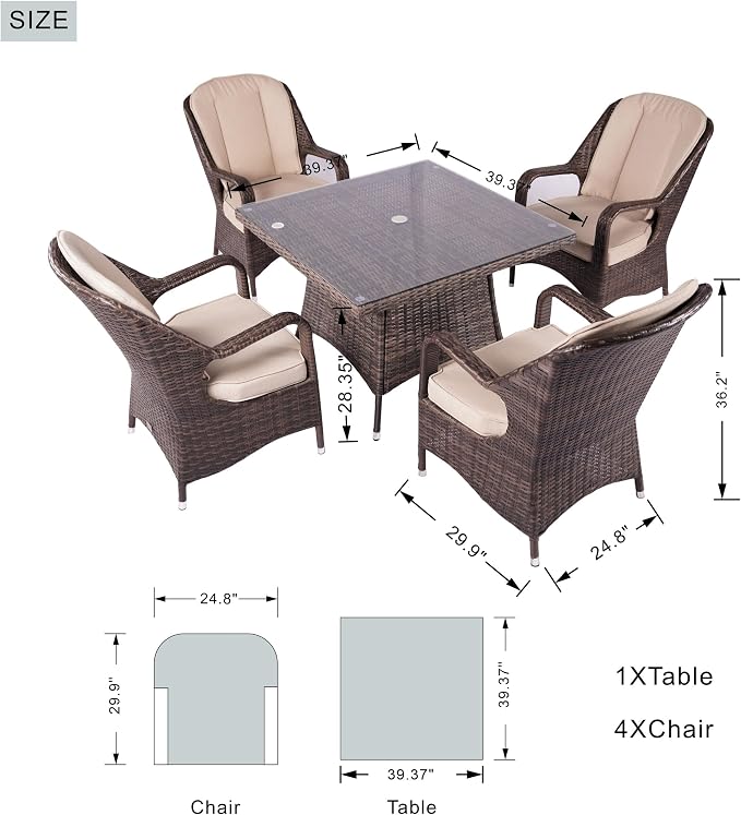Patio 5-Pieces Brown Aluminum Outdoor Wicker Square Dining Table Set