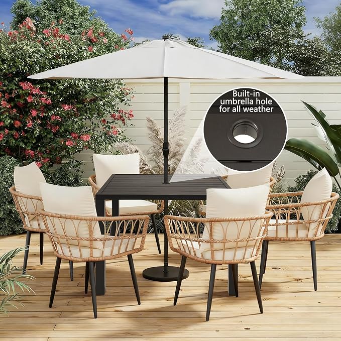 Domi Outdoor Dining Table for 6 Person, Rectangular Slatted Metal Patio Table for Deck Garden Lawn Backyard Use with Umbrella Hole, Brown