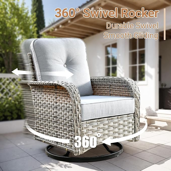 HOOOWOOO Patio Furniture Set,5 Pieces Wicker Outdoor Furniture,High Back Conversation Set with All Weather Resistant Solar Light Table Couch Swivel Chairs,Light Gray