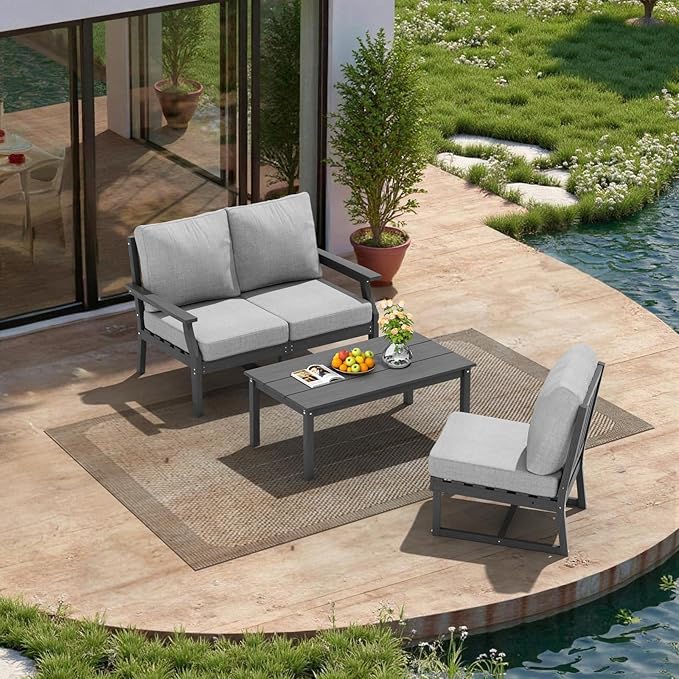HDPE Patio Conversation Set, 4-Piece All Weather Outdoor Furniture Set with 3-Seater Modular Sofa for Deck, Lawn, with Cushion, Gray