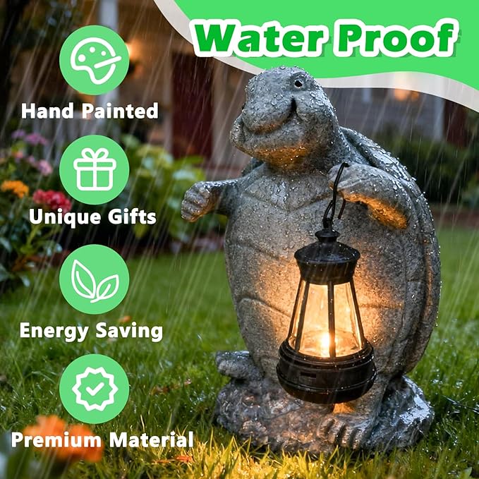 Solar Turtle Garden Statue with Lantern - Cute Outdoor Resin Figurine Light for Patio Lawn Porch Decor - Waterproof Solar Powered Animal Ornament - Unique Housewarming Birthday Gifts for Mom Grandma