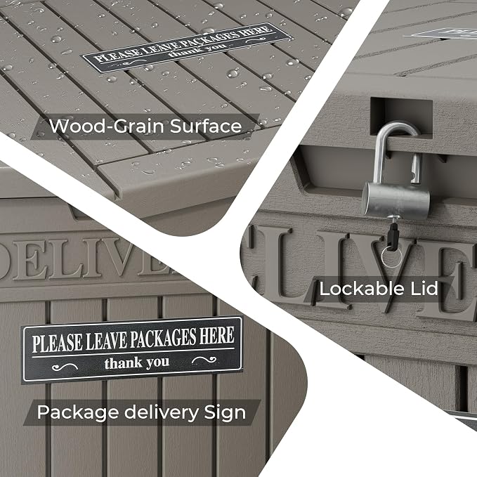 Package Delivery Box for Outside With Sign, Lockable Outdoor Storage Box Waterproof Deck Box, Large Double Wall Resin Parcel Drop Boxes, 48 Gallon, Gray