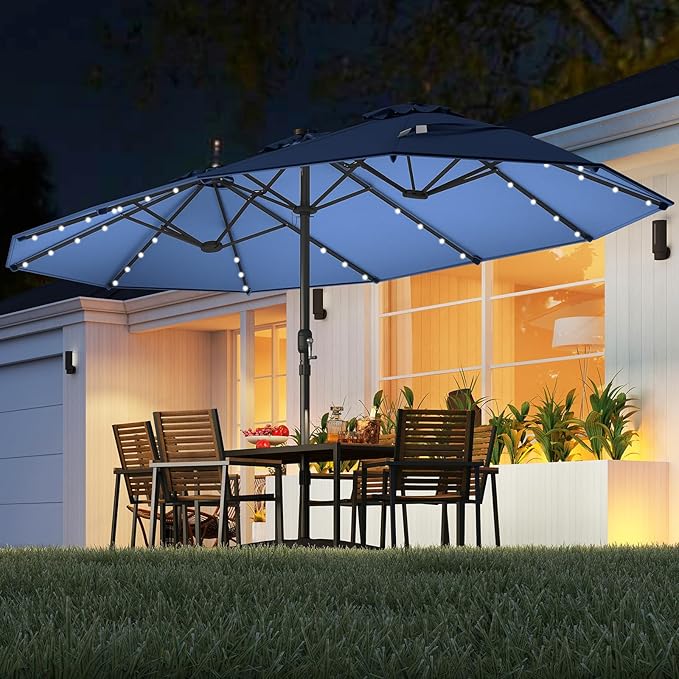 Tangkula 15FT Double-Sided Solar Patio Umbrella, Extra-Large Outdoor Twin Umbrella with 48 LED Lights, Vented Top, Crank Handle, 12 Ribs, Weighted Base Included for Backyard Poolside Deck (Navy)