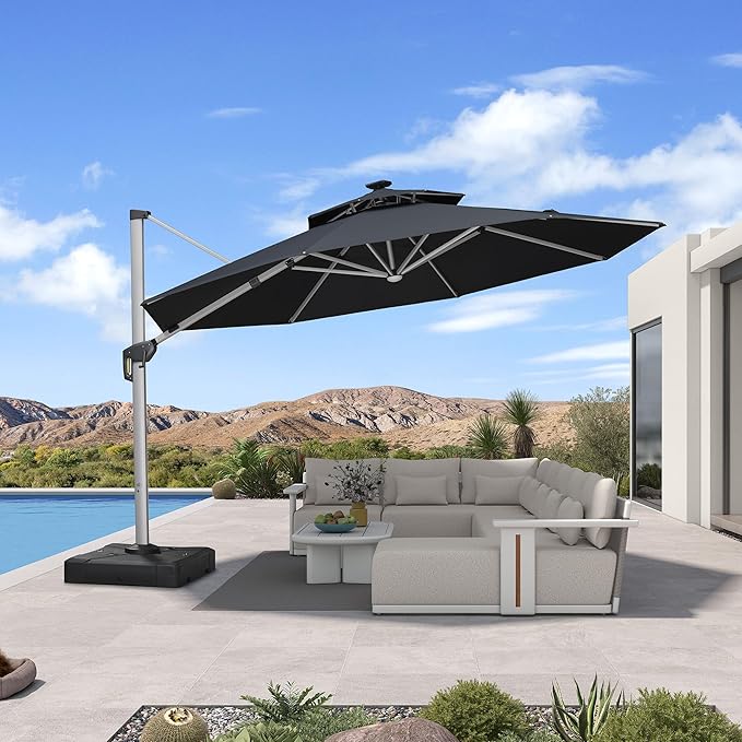 PURPLE LEAF Cantilever Umbrella with Base 13ft Outdoor Round Patio Solar Powered LED Umbrella with 360-degree Rotation for Garden Deck Pool Patio, Grey