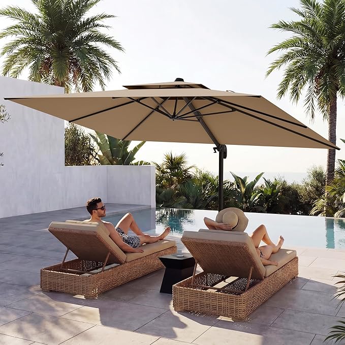 10x13 FT Patio Cantilever Umbrella (Base Not Included) (Base Not Included), Rectangular Heavy Duty Offset Umbrella for 8-10 People, 360°Rotation & Mult Tilt, Double Top Design, for Pool Garden Deck (Tan)