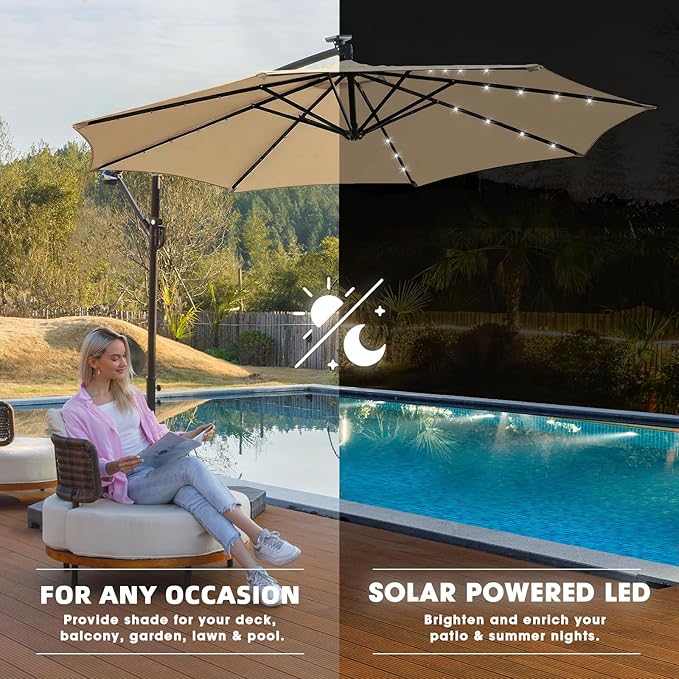 wikiwiki 10ft Solar LED Offset Patio Umbrella, Outdoor Cantilever Patio Umbrellas with Solor Lights for Backyard, Poolside and Garden, Easy Tilt Adjustment, 32 LED Lights & Polyester Shade, Tan