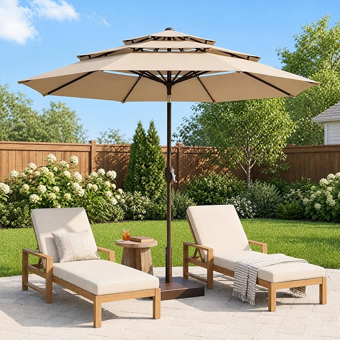 10 FT Patio Umbrella, 3 Tier Outdoor Table Umbrella with 8 Sturdy Glass Fiber Ribs and Push Button Tilt, Outdoor Patio Umbrellas for Market Pool Garden Backyard, 1.5" Pole, Champagne (No Base)