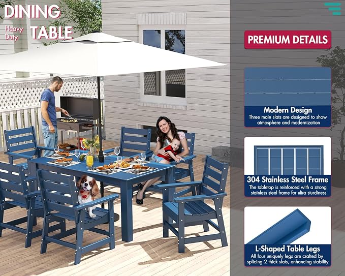 BRIOPAWS Outdoor Dining Table | HDPE | 67” Patio Rectangle Tables | All Weather | Umbrella Hole | Patio Furniture Set for 4-6 Person | Blue