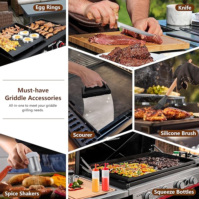 25Pcs Griddle Accessories Kit for Blackstone, Joyfair Stainless Steel Flattop Grilling Spatula Accessory Tools Set with Smash Burger Press Basting Cover for Outdoor BBQ Hibachi Cooking (Wooden Handle)