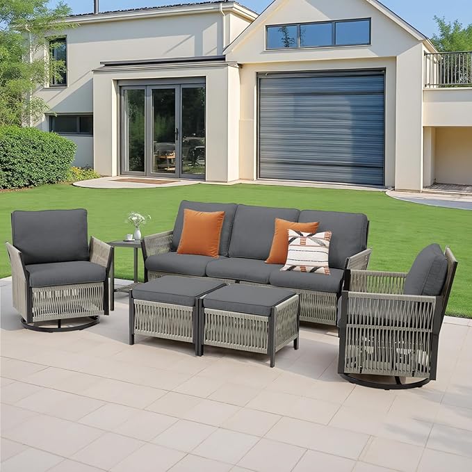 Wicker Outdoor Patio Furniture Set, 6 Piece Patio Conversation Set with Swivel Rocker Chairs, Rattan Sofa, Ottomans and Coffee Table for Garden, Porch, Backyard (Grey)