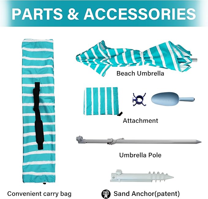 AMMSUN 8ft Large Beach Umbrellas for Sand Heavy Huty Wind Portable Commercial Grade Patio Beach Umbrella with Sand Anchor Adjustable Height Air Vent UPF 50+ Telescoping Pole without Tilt Teal White