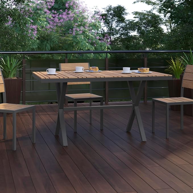 Flash Furniture Finch Commercial Grade X-Frame Outdoor Dining Table 59" x 35.5" with Faux Teak Poly Slats and Metal Frame, Natural/Gray