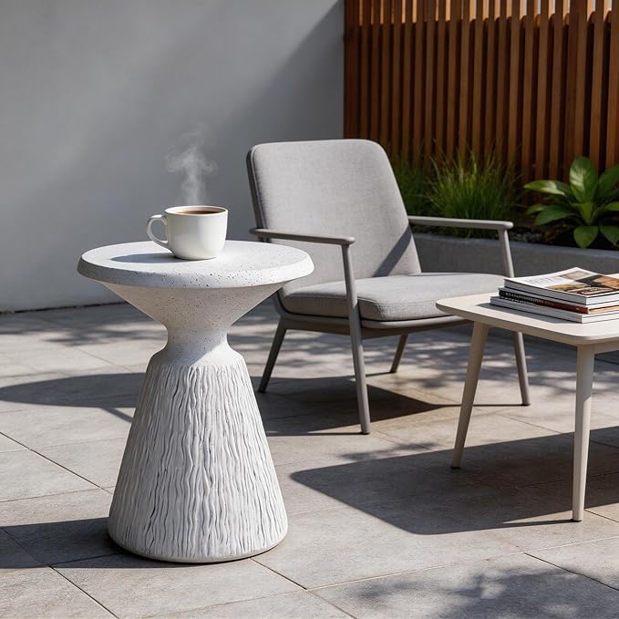 Stone Side Table,Round Faux Marble Side Table,Modern Small Stone End Table for Balcony (White-16.7"-3)