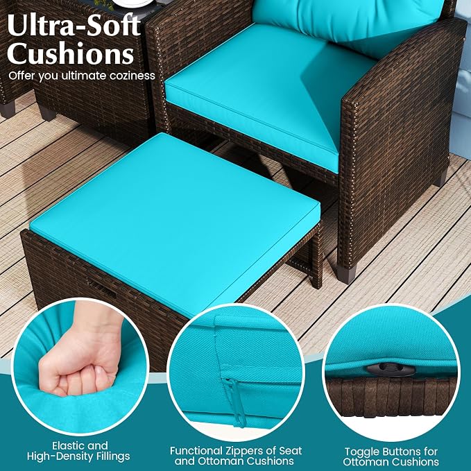 COSTWAY 5-Piece Rattan Conversation Set, Outdoor Wicker Sofa, Tempered Glass Coffee Table & Ottomans for Small Space, Boho Chic Indoor/Outdoor Furniture Set for Poolside, Backyard, Deck (Turquoise)