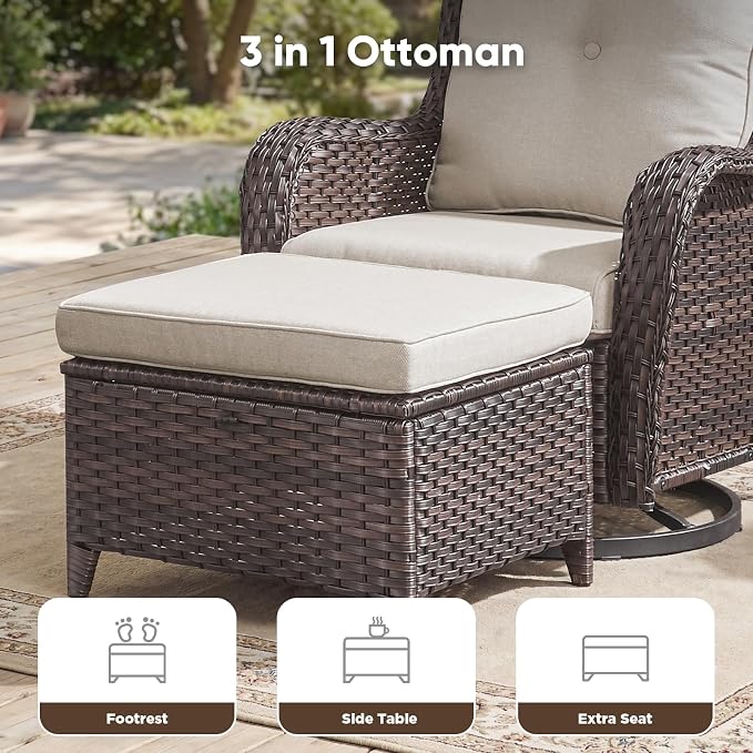 Belord 3-Piece PE Wicker Outdoor Sofa with 2 Ottomans, Luxury Patio Couch Convertible to Chaise Lounge, All-Weather High Back Deep Seat Woven Furniture for Deck, Porch - Brown/Beige