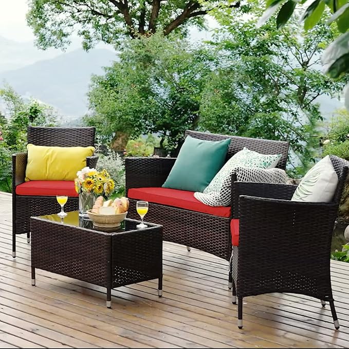 GLACER 4 Pieces Rattan Conversation Set - Patio Furniture Set W/High-Elasticity Cushion & Tempered Glass Center Coffee Table, Outdoor Wicker Sofa Chair Set for Garden, Porch, Poolside & Backyard