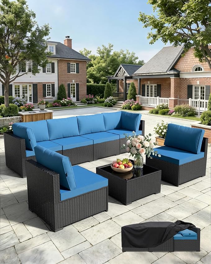 WWR Patio Furniture Set 7 Piece - All-Weather - Wicker Rattan Patio Outdoor Conversation Set, Modular Sectional Sofa for Backyard, Garden, Poolside, Balcony, Porch, Patio, Black/Navy Blue